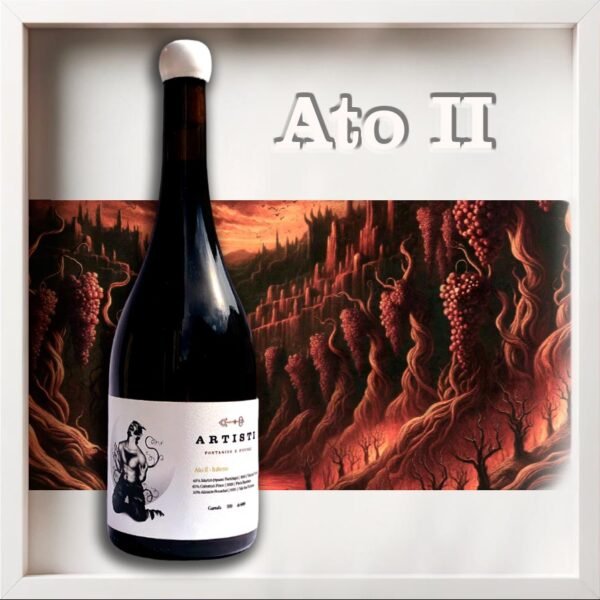 Exclusivo vinho tinto Ato II da Artisti, edição limitada originária do Vale dos Vinhedos na Serra Gaúcha. Este vinho de Bento Gonçalves, perto de Gramado, é uma expressão autoral da vinícola, representando a sofisticação e a qualidade dos vinhos finos da região.